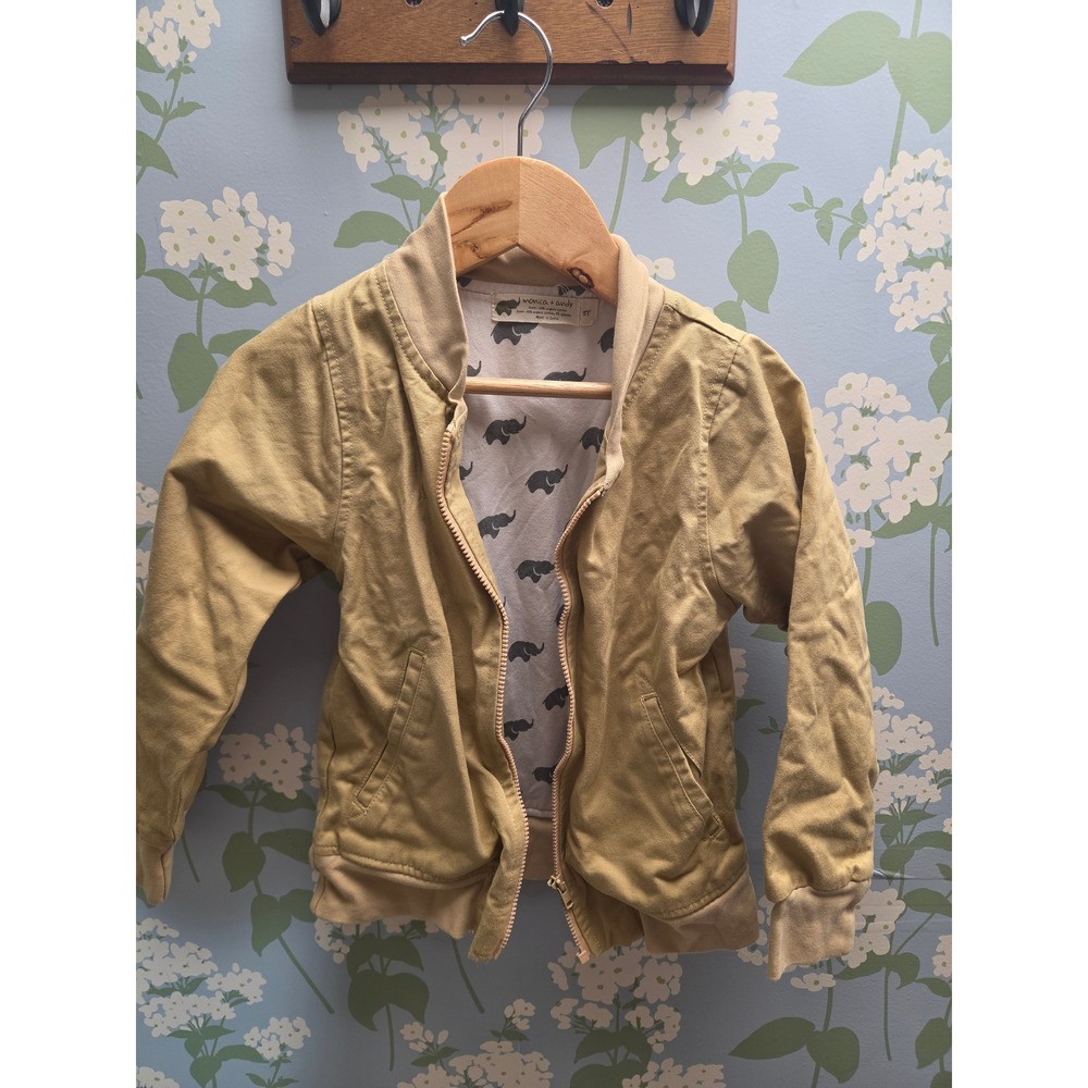 Monica + Andy Kids Khaki Organic Cotton Elephant Print Lined Bomber Jacket 5T